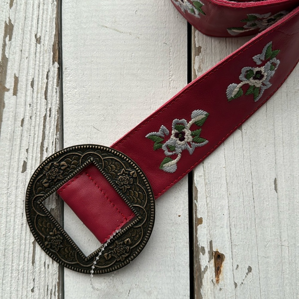 Vintage Leather Embroidered Belt Antique Buckle